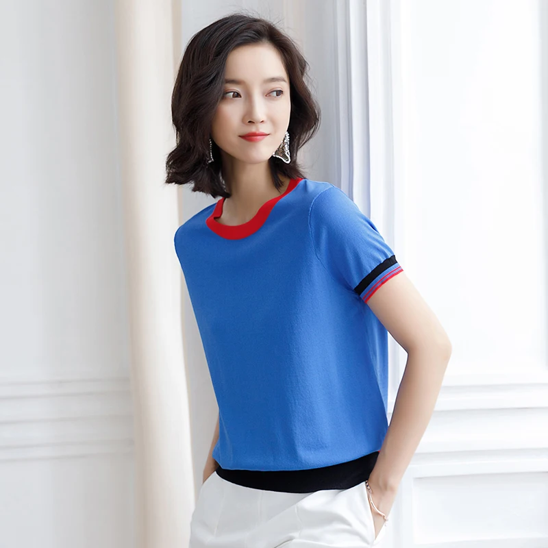 YISU Moda Tricou Femei de Vară 2020 O-gat maneci Scurte de culoare Luminoase T-Shirt Tricotate pulover Împletit de culoare T-shirt Femei