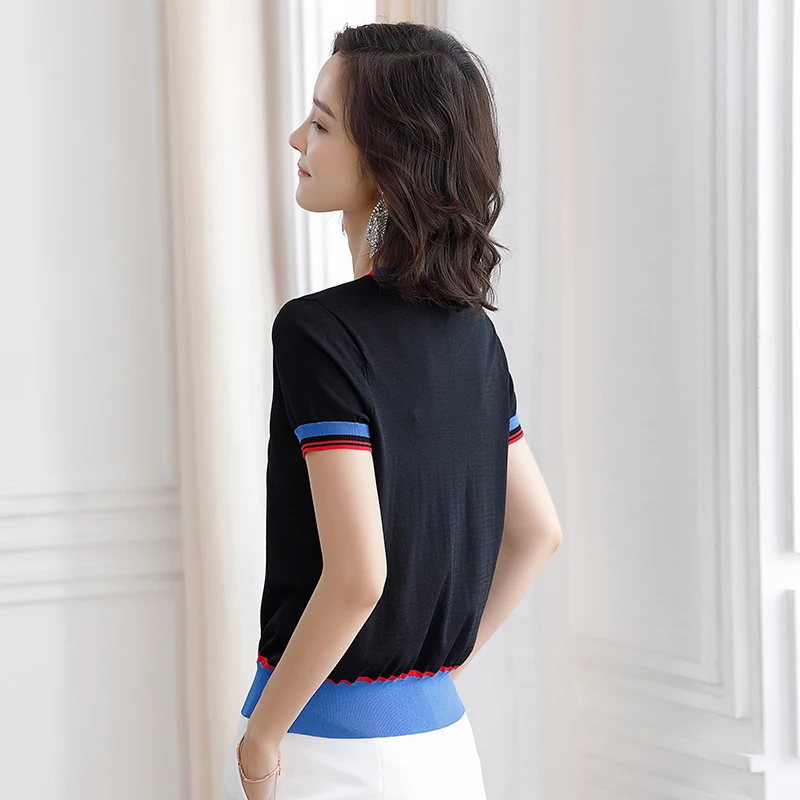 YISU Moda Tricou Femei de Vară 2020 O-gat maneci Scurte de culoare Luminoase T-Shirt Tricotate pulover Împletit de culoare T-shirt Femei