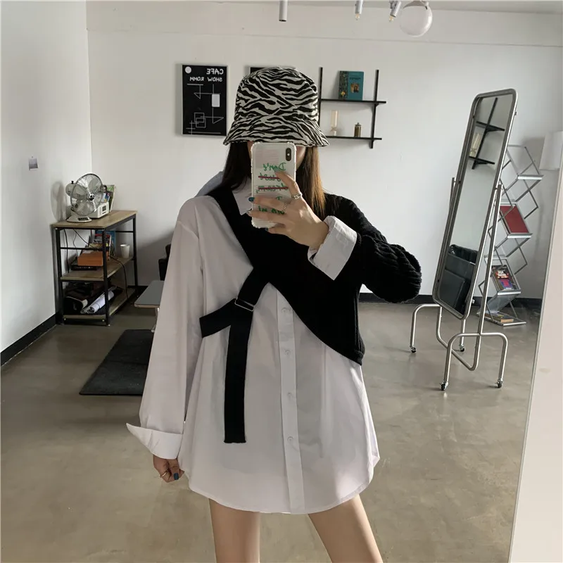 2020 Toamna Kawaii Femei Guler de Turn-Down Stil coreean Tricou Cusătură Tricotate All-Meci Singur Maneci, partea de Sus din Două Piese, Tricouri