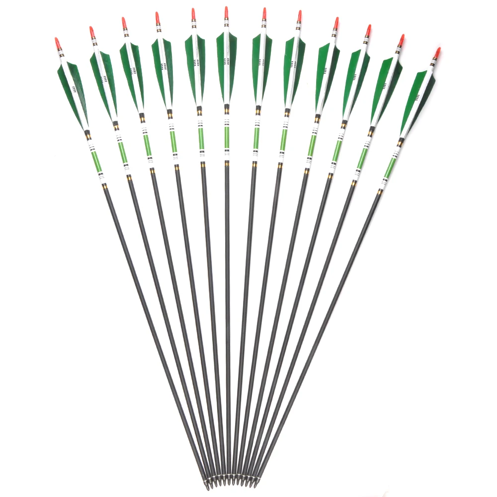 30Inches Mixte de Carbon Arrow coloanei Vertebrale 500 Diametru de 7,6 mm, cu Verde/Albastru Pene Albe pentru Compusul Arc Recurve de tir cu Arcul de Vânătoare