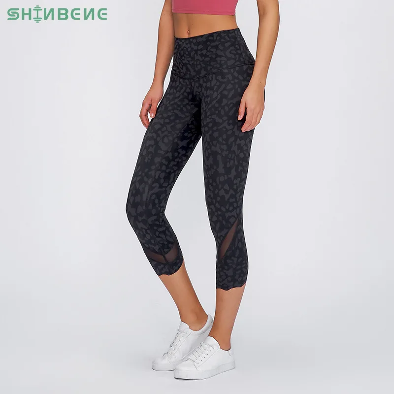 SHINBENE Vițel Plasă de Mozaic Sport Fitness Yoga Capri Pantaloni Femei CAMO-PANTHER Gol-simt Tesatura de Funcționare Sport Pantaloni Trunchiate 4-12