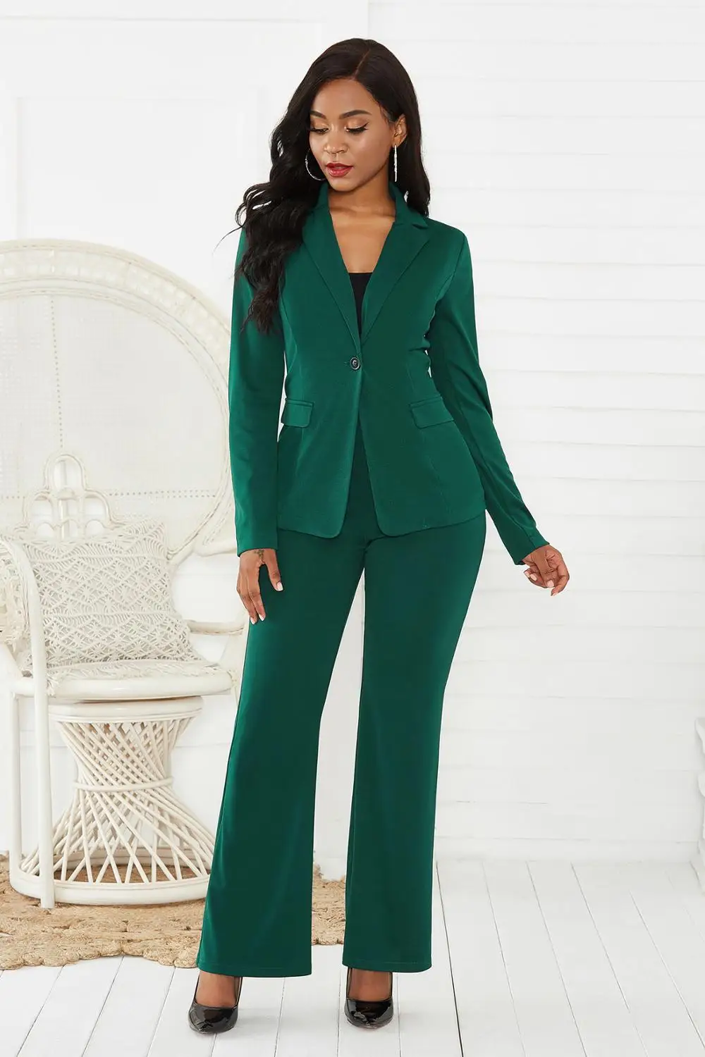 Femei costume Verde Negru Seturi de Toamna Iarna Rândul său, în Jos Guler Elegant Sacouri Haina Largi Picior Pantaloni Lungi Workwears 2 Buc Utilaje