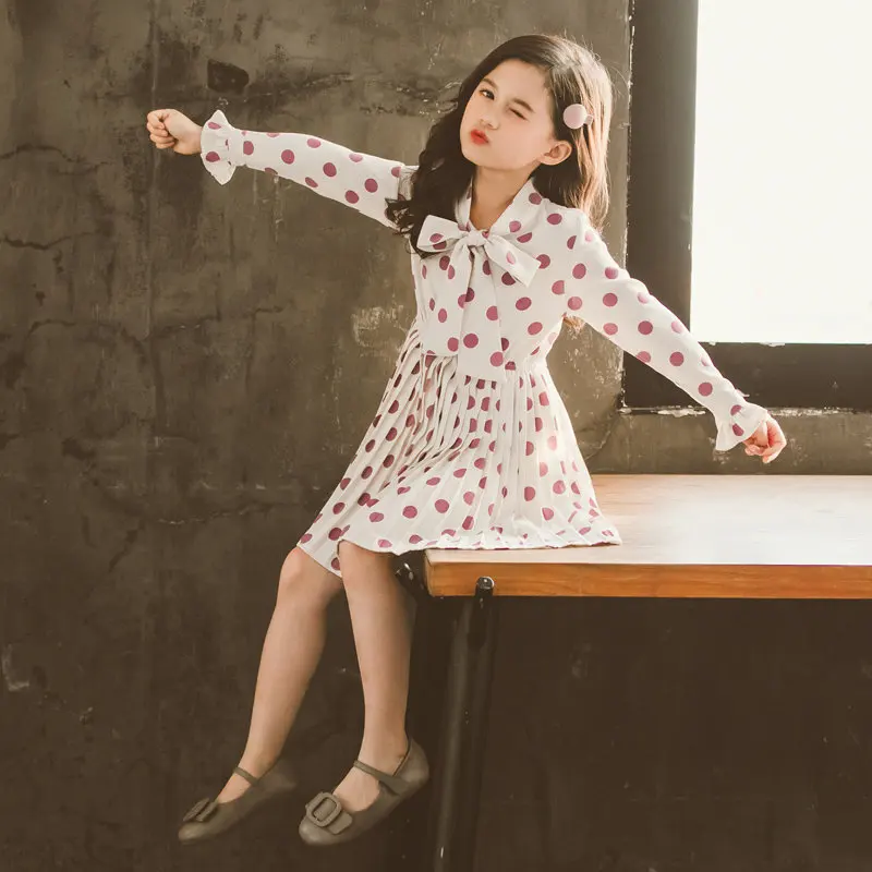 Copiii Punct Solid Papion Dress Cutat Fata Fete Drăguț Haine Copii 2020 Bluza Stil O Linie Copiii Lungime Până La Genunchi Șifon Rochii