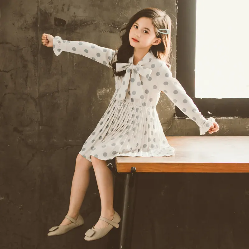 Copiii Punct Solid Papion Dress Cutat Fata Fete Drăguț Haine Copii 2020 Bluza Stil O Linie Copiii Lungime Până La Genunchi Șifon Rochii