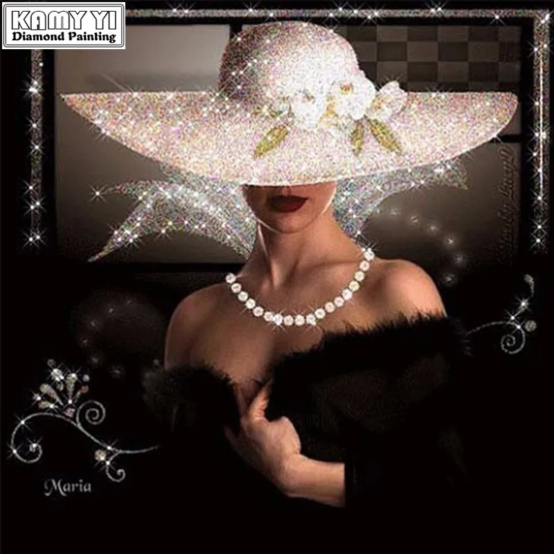 Plin Patrat/Rotund Burghiu 5D DIY Diamant Tablou femeie cu pălărie 3D Broderie Cusatura Cruce Mozaic Stras Decorare Meserii
