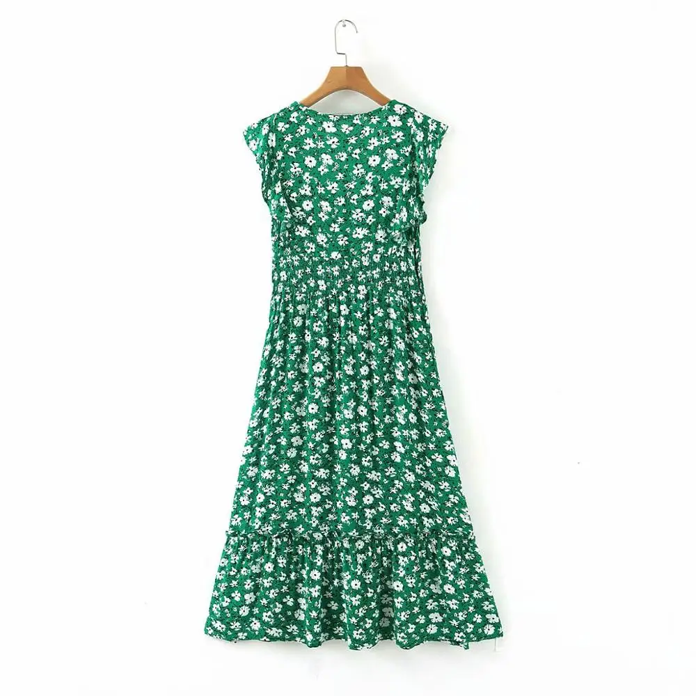 Noi 2020 femei v-gât floare de imprimare volane verde rochie midi eleganta psihiatru ori de proiectare vestidos chic de brand de rochii de partid DS3576