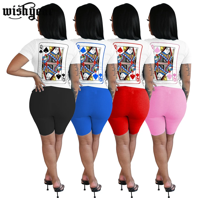 Femei Set De Doua Bucati Trening Negru Queen Poker Carte Tee Topuri Genunchi Lungime Jogger Sweatpant Costume De Potrivire Seturi De Haine De Vară