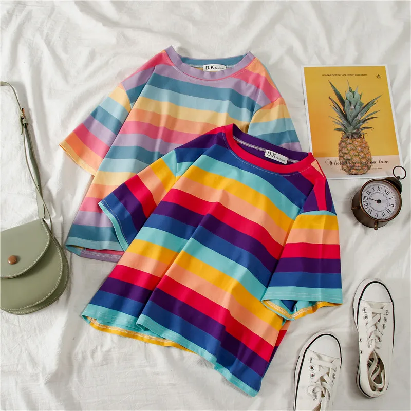 2020 Vara Noi Ins Rainbow Stripe Topuri Femei, cu Maneci Scurte T-shirt Atent Mașină Expune Buric Rotund Gat Scurt Tee Cămașă