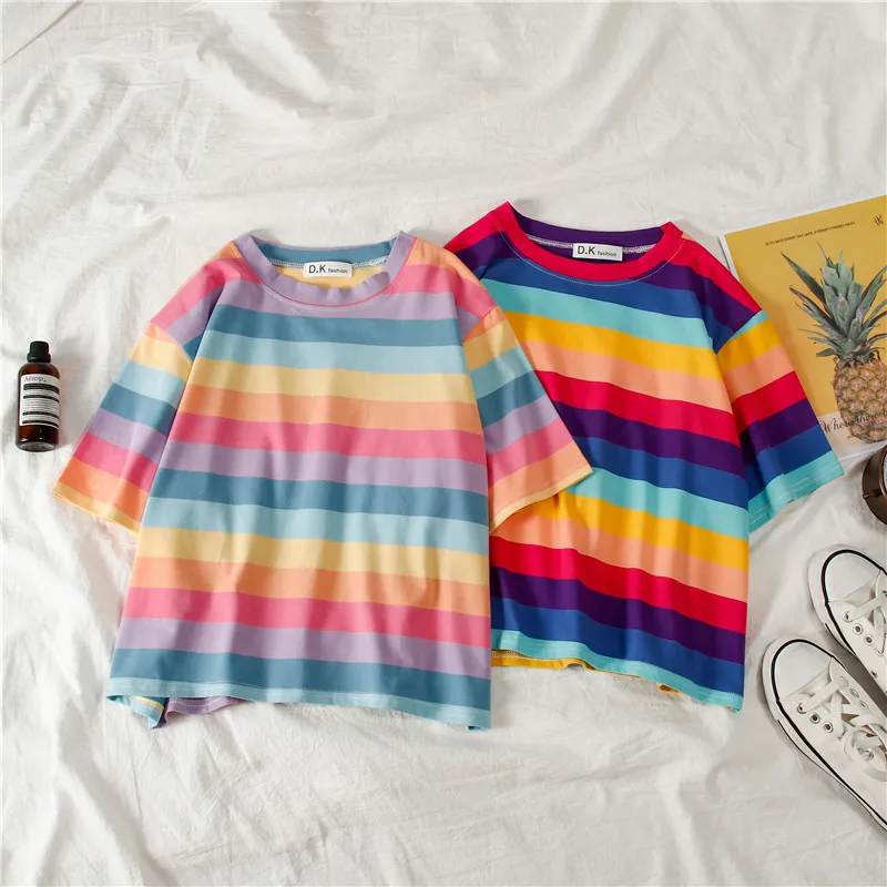2020 Vara Noi Ins Rainbow Stripe Topuri Femei, cu Maneci Scurte T-shirt Atent Mașină Expune Buric Rotund Gat Scurt Tee Cămașă