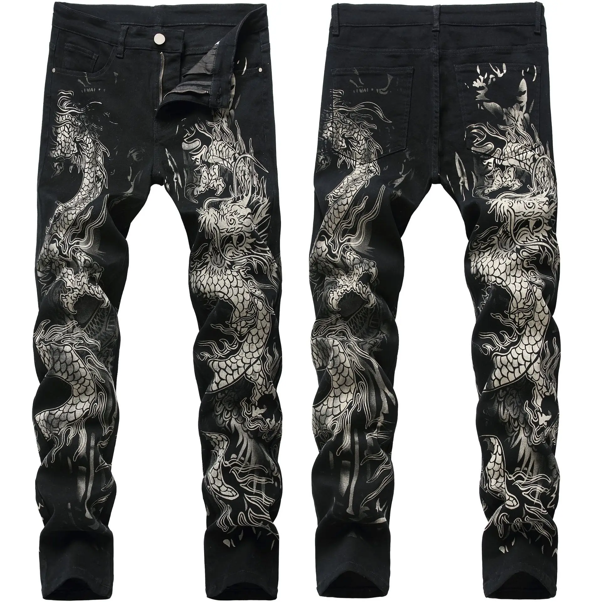 Moda Dragon Imprimat Blugi Design Mens Pantaloni din Denim Sexy Bărbați de Brand Original, Casual, din Bumbac Slim Pantaloni de Creion Negru de sex Masculin Blugi