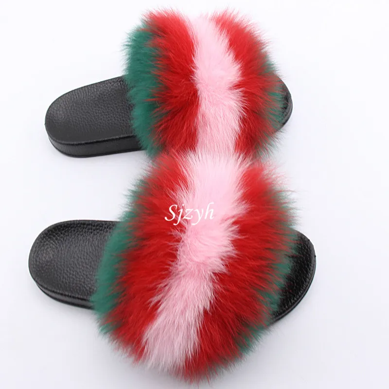 Iarna Feminin Pufos de Blană de Vulpe Diapozitive Curcubeu Drăguț cu Blană papuci de Femei cu Blană Papuci de Interior de Pluș Cald Sandale pentru Copii Pantofi