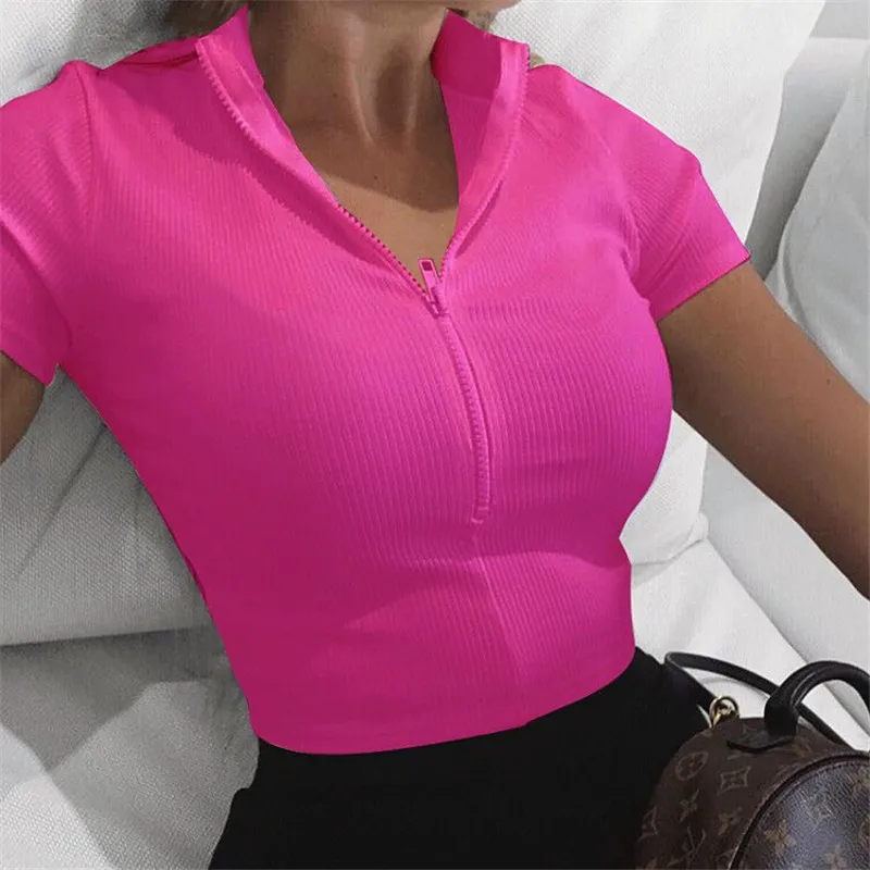 2020 Noua Moda Slim cu Fermoar T-shirt Doamnelor Femei Topuri de Corset Guler Înalt Doamnelor Trunchiate Topuri Tricou de Culoare Solidă Tricou Alb