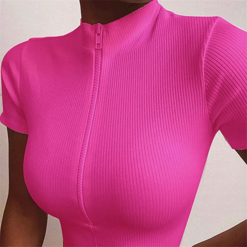 2020 Noua Moda Slim cu Fermoar T-shirt Doamnelor Femei Topuri de Corset Guler Înalt Doamnelor Trunchiate Topuri Tricou de Culoare Solidă Tricou Alb