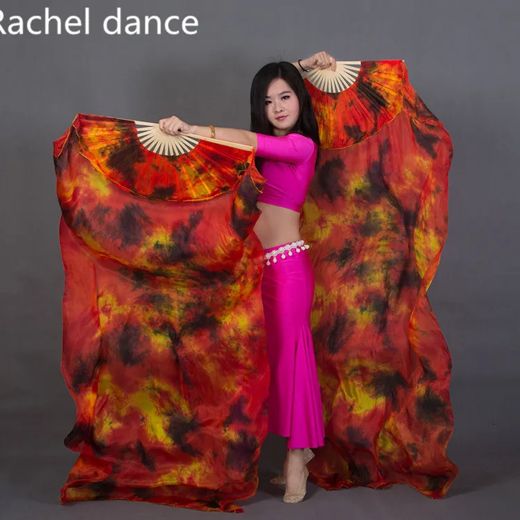 China Real Matase Dans Oriental Gradient de Foc Fan Burtă de Dans de Performanță Etapă de Proprietate Dans Fan Multi-Culoare 1Pair