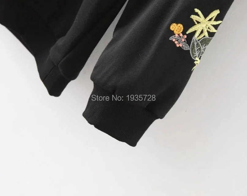 2017 Noua Moda Wishbop Negru Rotund Gat Păsări Și Flori De Imprimare Brodate Bluze - Pulovere Femei Pulover Fără Glugă