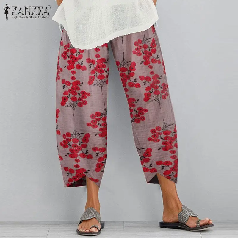 ZANZEA Pantaloni de Vara pentru Femei Talie Elastic Florale Imprimate Pantaloni Casual Largi Picior Pantaloni Harem Liber Streetwear Pantalon Plus Dimensiune