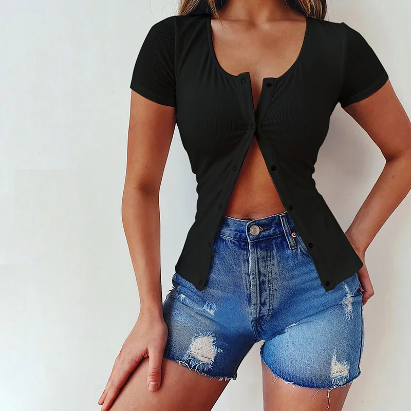 WannaThis Fata Buton Cardigan cu Maneci Scurte T-shirt Femei Tricotate de Vara Sexy V-Neck Slim Elastic Femei Culoare Solidă Noi 2020
