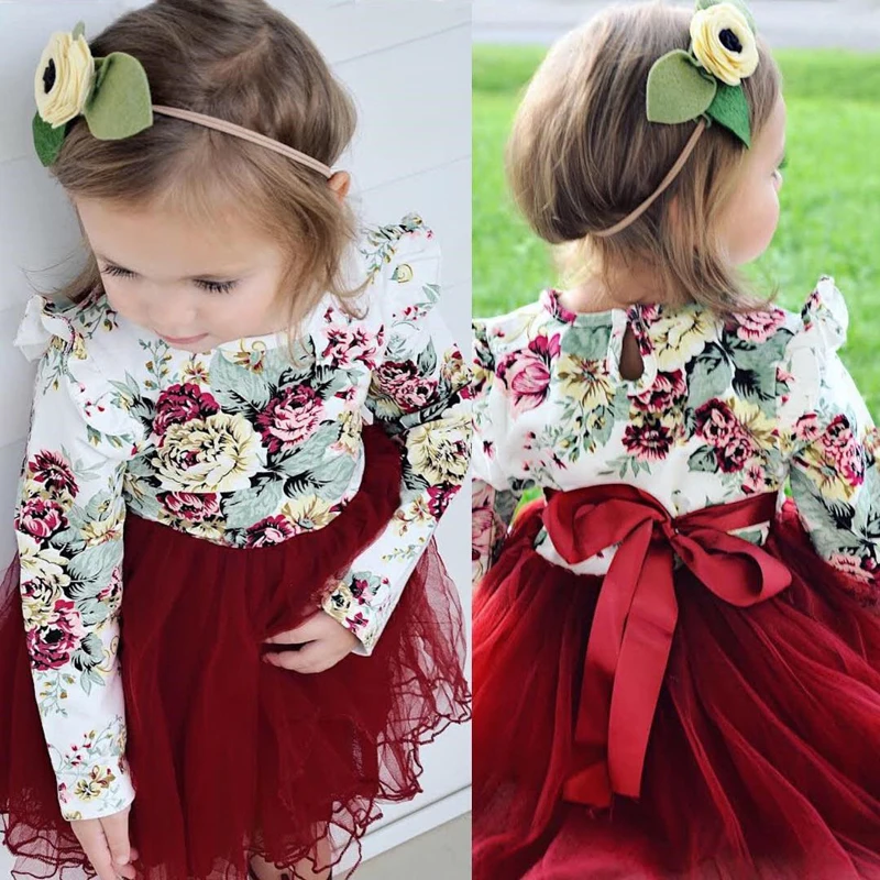 2018 Drăguț Prințesă De Moda De Primăvară Nou-Născut Copilul Fete Cu Maneca Lunga O-Gat Imprimeu Floral Arc Dantelă Genunchi-Lungime Rochie Tutu