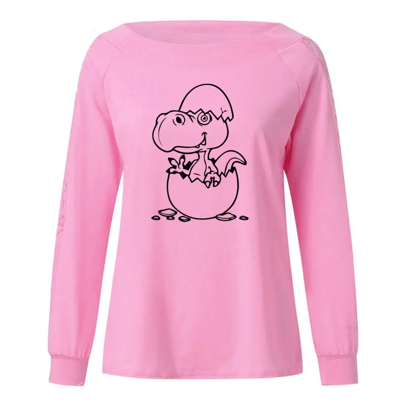 Catoon Dinozaur T Camasa Femei Maneca Lunga O-Neck T-shirt Femei Îmbrăcăminte Topuri Fată Casual Dantela Vrac Top Tees