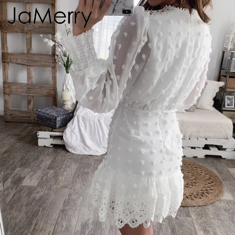 JaMerry Epocă sexy alba din dantela scurte femei rochie Lungă puff maneca rochii de puncte de sex feminin de Lux slim partid rochie mini vestidos