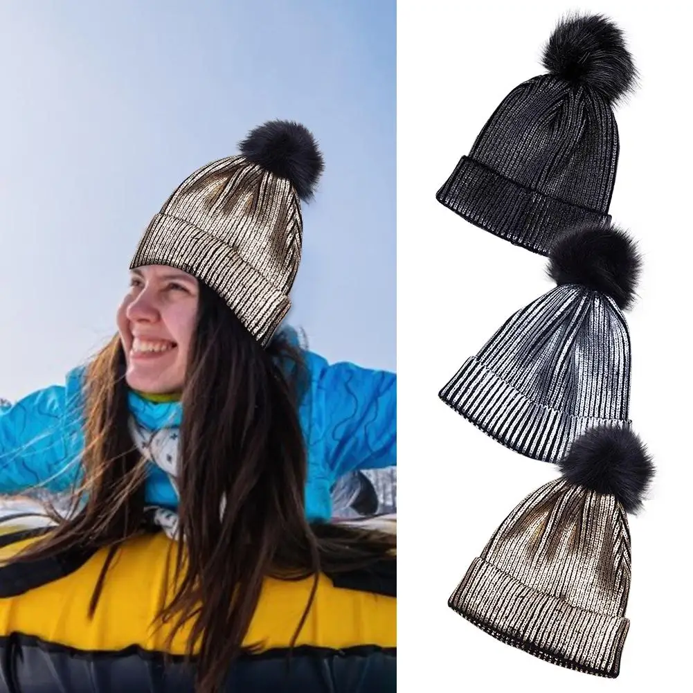 2019 Iarnă Lână femeii Beanie Hat Casual Metalic de Culoare de Imprimare Căciulă Tricotată Cu Faux Blana Pompom Bile Negru/Argintiu/Auriu