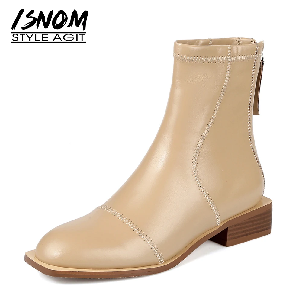 ISNOM din Piele Glezna Cizme pentru Femei Rotund Toe Tocuri Indesata Pantofi cu Fermoar Epocă Toc mic Papuceii Mini Dovada Femeie 2021