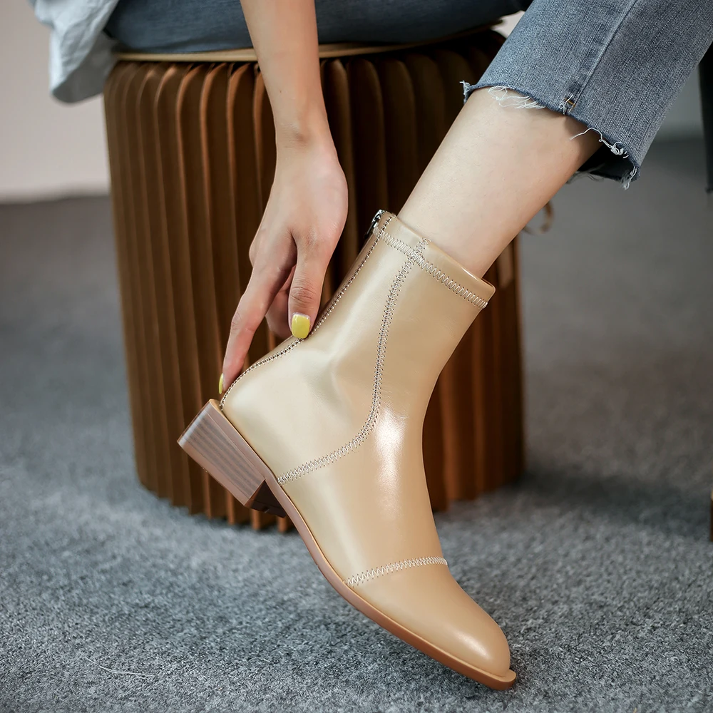 ISNOM din Piele Glezna Cizme pentru Femei Rotund Toe Tocuri Indesata Pantofi cu Fermoar Epocă Toc mic Papuceii Mini Dovada Femeie 2021