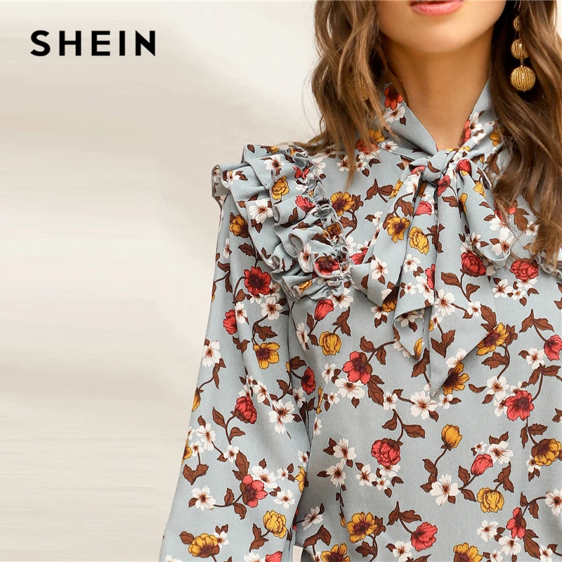 SHEIN Elegant Multicolor Cravată Gâtului Stratificat Zburli Asieta Florale Top Volan Bluza cu Maneci Femei de Primăvară Birou Doamnă Bluze Boho