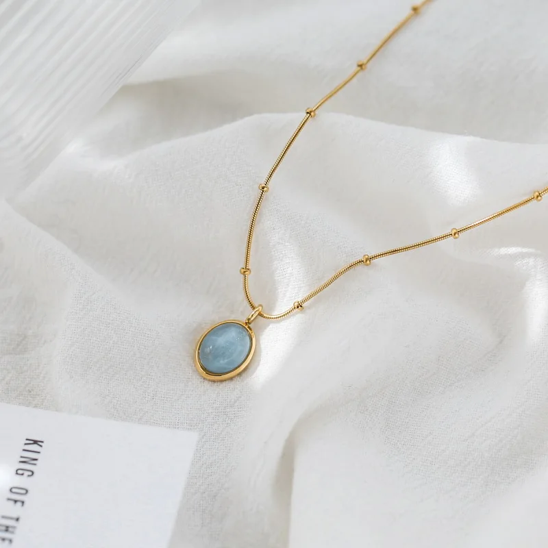 YUN RUO Niciodată nu se Estompeze cu Aur de 18k Naturale Albastru de Cristal Pandantiv Colier cu Lanț de Șarpe Moda 316 Oțel de Titan Bijuterii Femeie Accesoriu