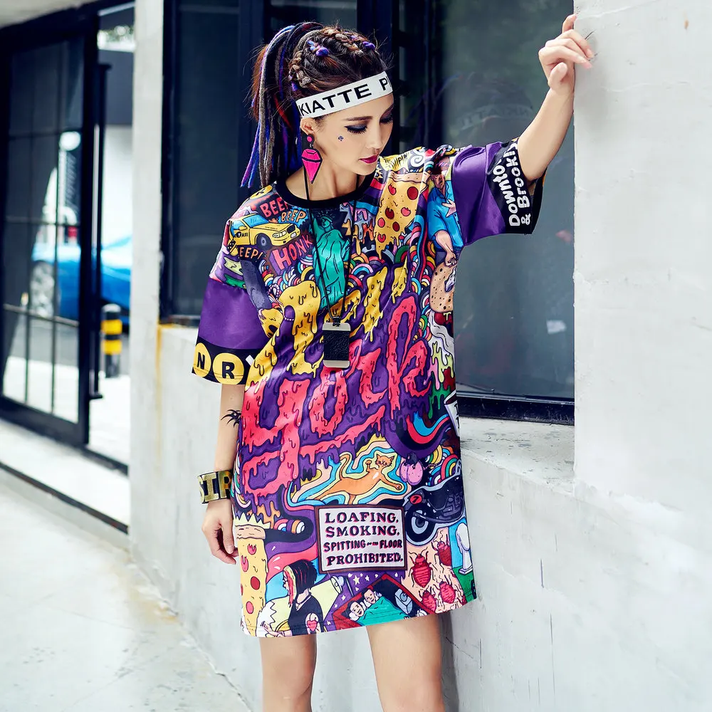 Femeile Hip Hop Lungi Tricou Ochiurilor De Plasă Respirabil Plus Dimensiunea Vrac New York Scrisoarea Imprimate Pulovere Cu Maneci Scurte Tee Dress Streetwear