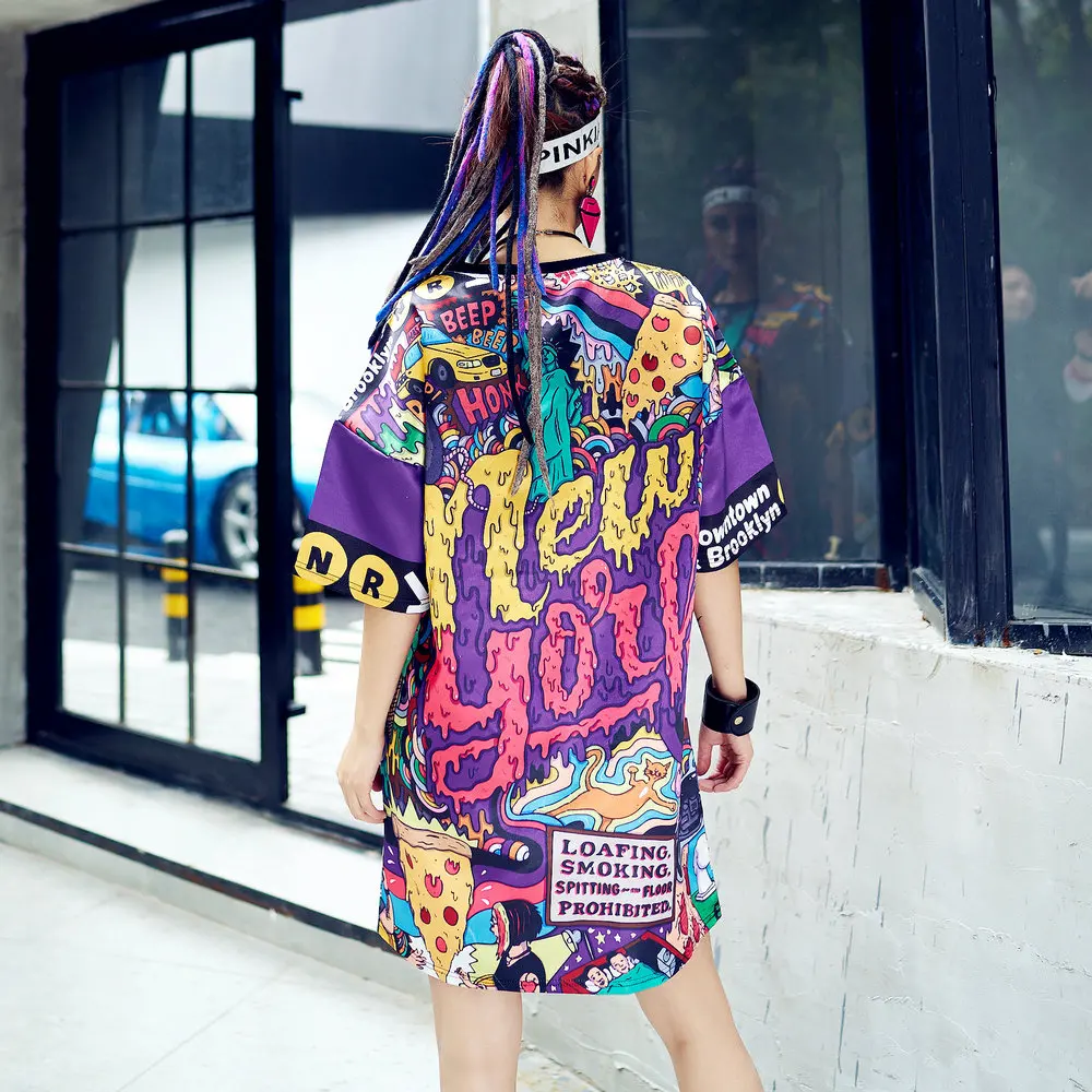 Femeile Hip Hop Lungi Tricou Ochiurilor De Plasă Respirabil Plus Dimensiunea Vrac New York Scrisoarea Imprimate Pulovere Cu Maneci Scurte Tee Dress Streetwear