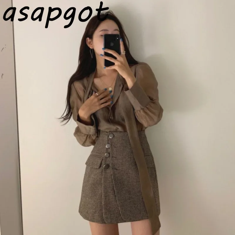 Asapgot Chic Vintage Dantela Transparente Maneca Lunga Tricouri Femei Slim Casual Parte Butonul De Talie Mare Fuste Mini Seturi De Moda