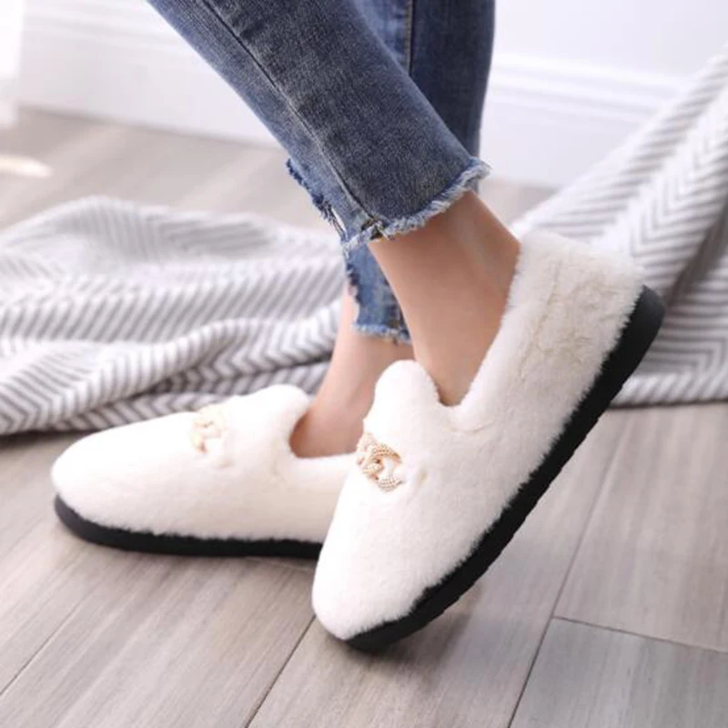 COVOYYAR 2019 Iarna Pufos Femei Pantofi de Moda Lanț de Blană Cald Pantofi Plat Femeie Papuci de Interior de Cauzalitate Acasă Pantofi de damă WFS4000