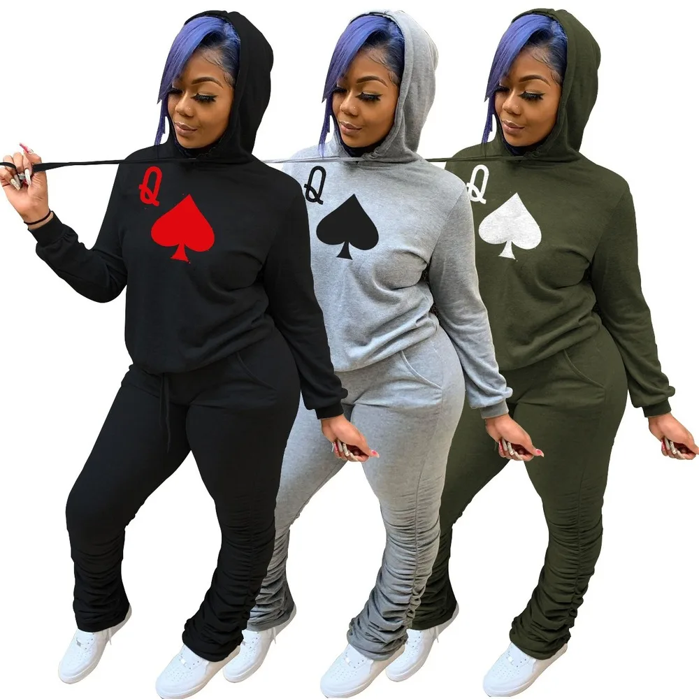 Casual Hoodie 2 Seturi de Piese pentru Femei Costume de Poker Q Imprimat cu Maneci Lungi Tricou și Pockest pantaloni de Trening Iarna Primavara Treninguri