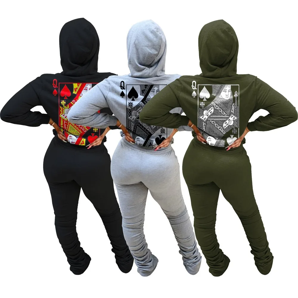 Casual Hoodie 2 Seturi de Piese pentru Femei Costume de Poker Q Imprimat cu Maneci Lungi Tricou și Pockest pantaloni de Trening Iarna Primavara Treninguri