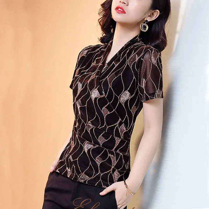 Femei Primavara Toamna Stil Bluze Tricou Femei Paiete V-neck Printed Tricotate cu Maneci Scurte coreean Elegante, Topuri DD8772