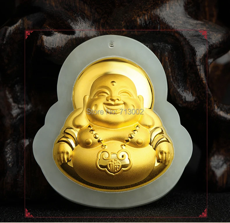 Natura Jad LAPTE de FILDEȘ jadite Amuleta râs Buddha 24K Aur Pandantiv Colier Talisman Cu certificat