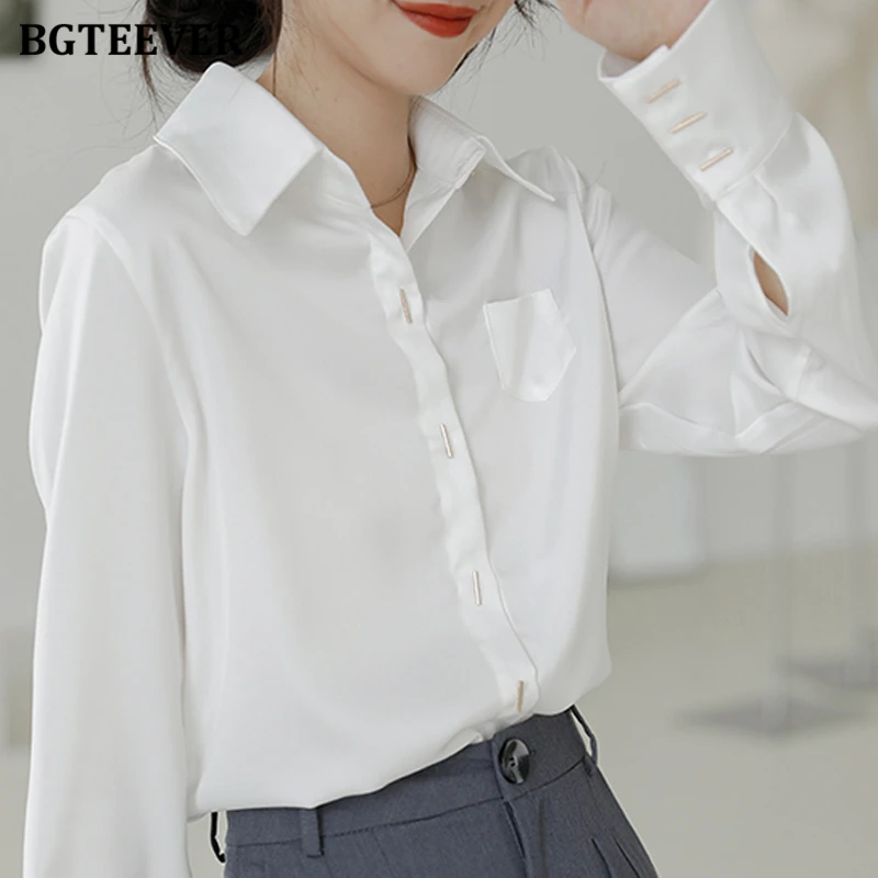 BGTEEVER Vintage Alb Bluze Camasi pentru Femei de Turn-down Guler Maneca Lunga Biroul Purta Topuri Blusas Mujer Femme Toamna anului 2020