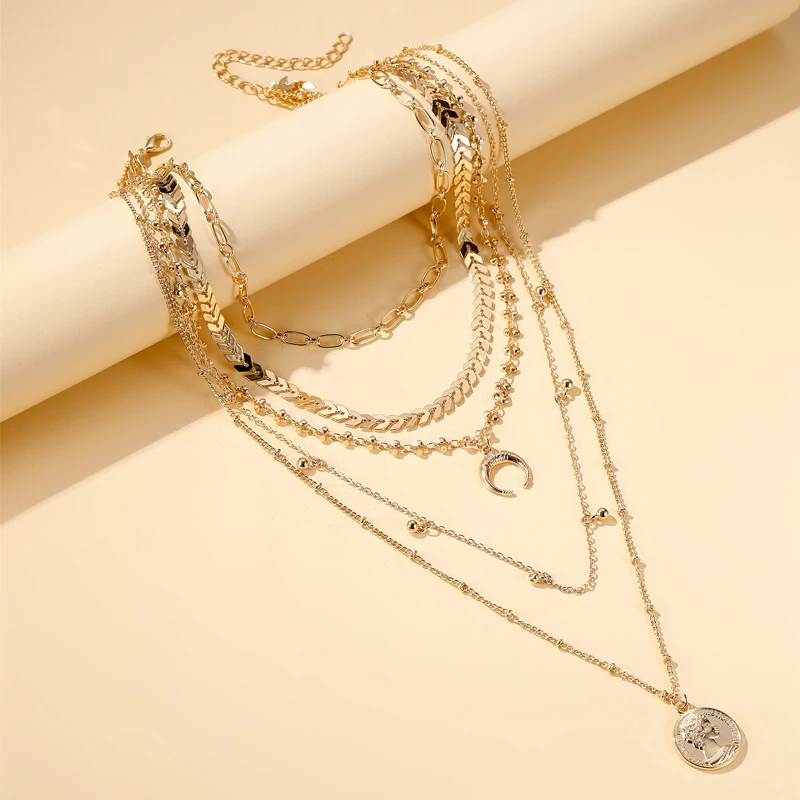 Stil Boho cinci-strat colier femei de moda multi-strat placat cu aur luna idol pandantiv colier lanț clavicula lanț lanț pulover