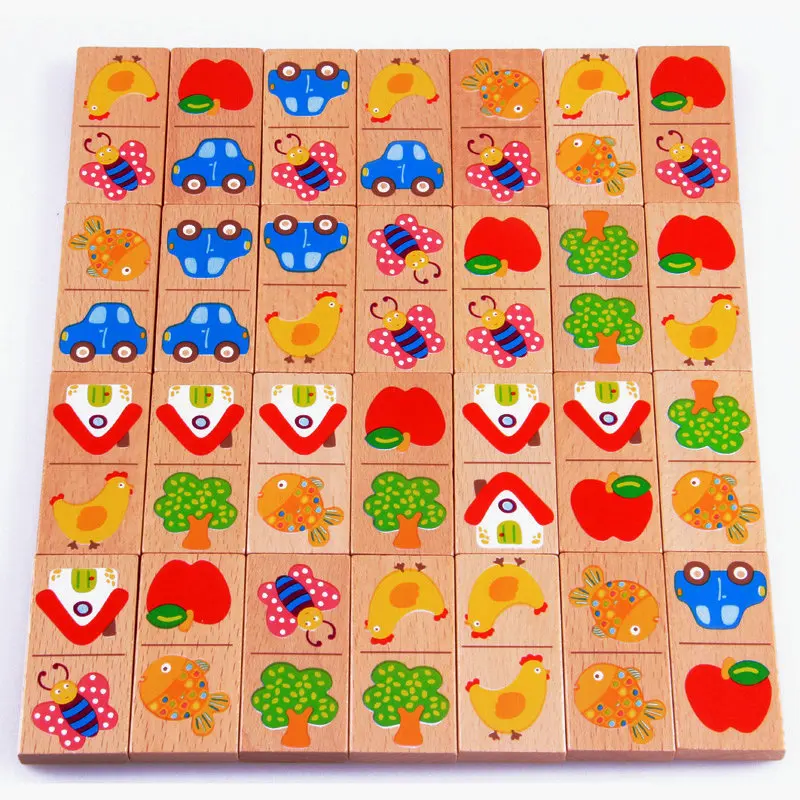 28pcs de Lemn Asociat Domino Puzzle Montessori Solitaire Puzzle-uri mai Devreme de Formare Sida Copii Etajul Jocuri Educative pentru Copii Jucarii
