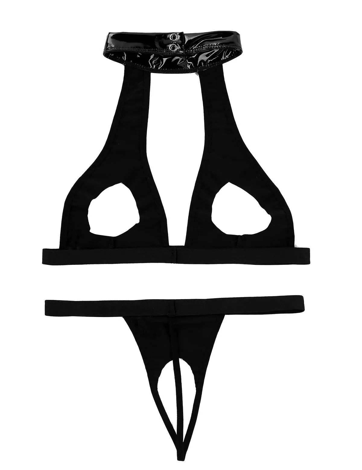 IEFiEL Femei Exotice Set de Lenjerie Wetlook Picioare Faux din Piele Gol Bust Deschis Sutien Top cu Crotchless Indispensabili, Pijamale Seturi
