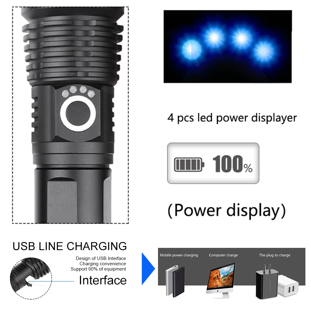 Cea mai Puternica Lanterna LED-uri XLamp XHP70.2 USB cu Zoom 3 moduri Lanterna XHP70 XHP50 18650 Acumulator 26650 picătură de transport maritim