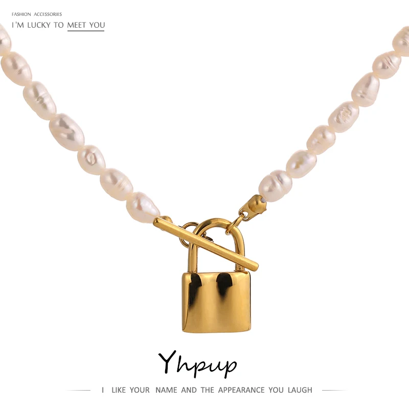Yhpup Elegant De Perle Naturale De Blocare Pandantiv Colier Oțel Titan Bijuterii Temperament Oțel Inoxidabil 18 K Placat Cu Cravată Colier