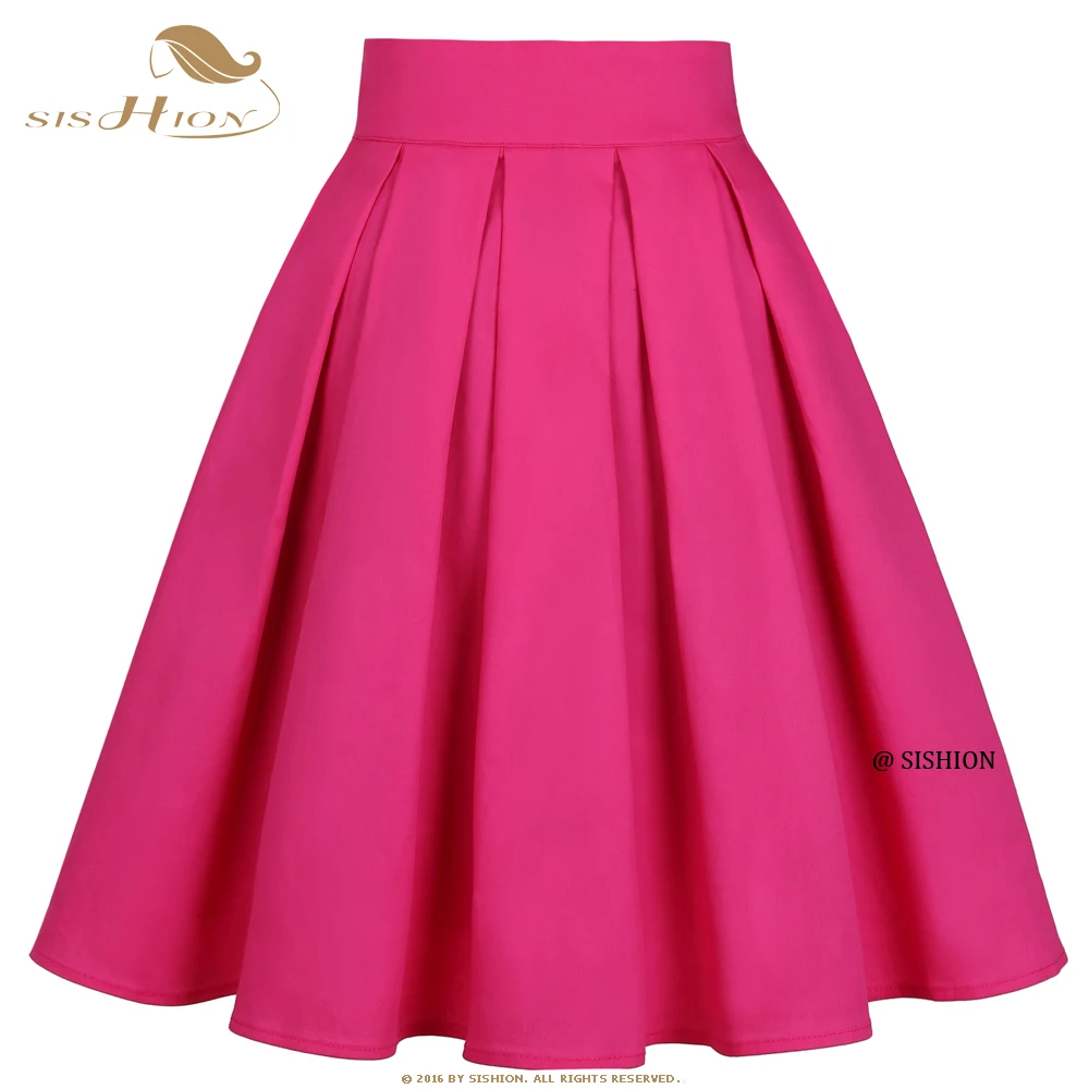 SISHION de Bumbac Culoare Solidă de culoare Roz Închis, Rose Red Fusta cu Arcul SS0012 Y2K Vintage Plus Dimensiune Plisata Femei Fuste Midi Jupe Femme