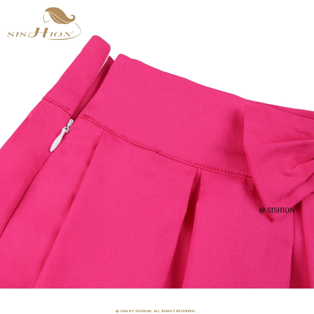 SISHION de Bumbac Culoare Solidă de culoare Roz Închis, Rose Red Fusta cu Arcul SS0012 Y2K Vintage Plus Dimensiune Plisata Femei Fuste Midi Jupe Femme