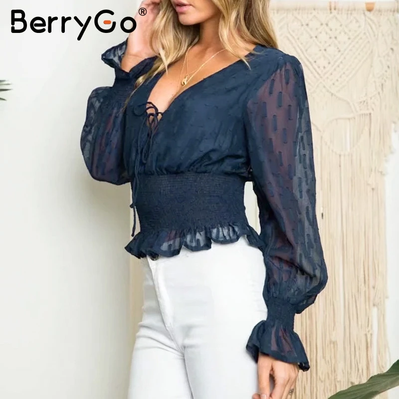 BerryGo V-neck femei șifon bluza tricou Plasă puff maneca ciufulit de sex feminin topuri peplum Dantelă elastic talie mare femei bluze