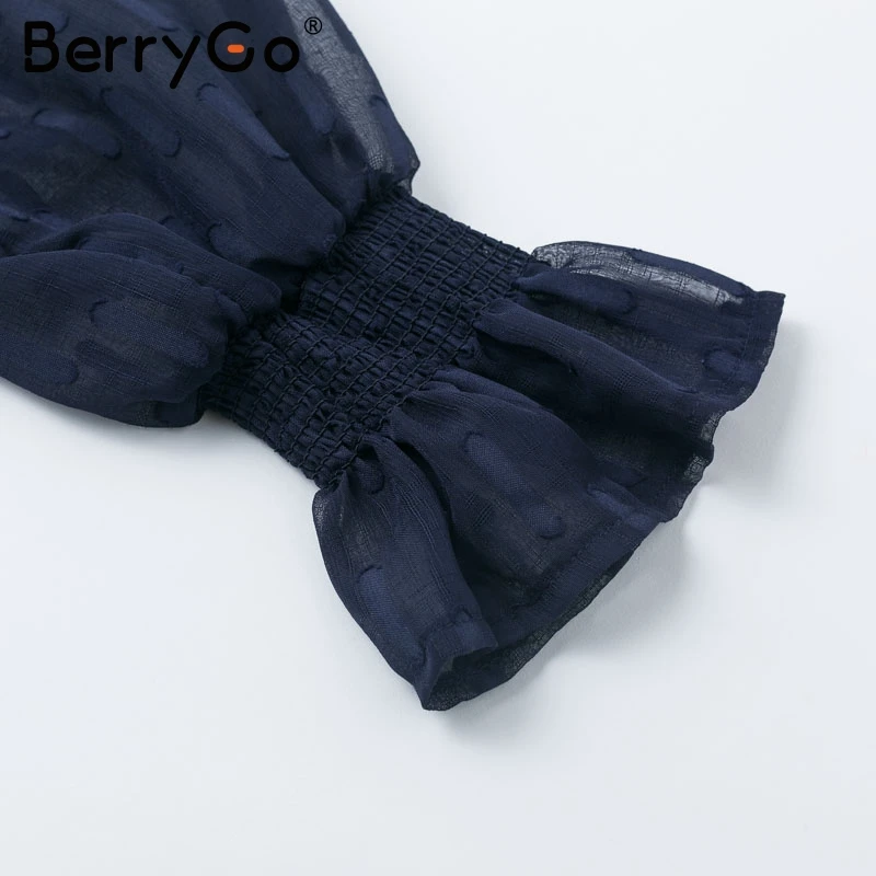 BerryGo V-neck femei șifon bluza tricou Plasă puff maneca ciufulit de sex feminin topuri peplum Dantelă elastic talie mare femei bluze