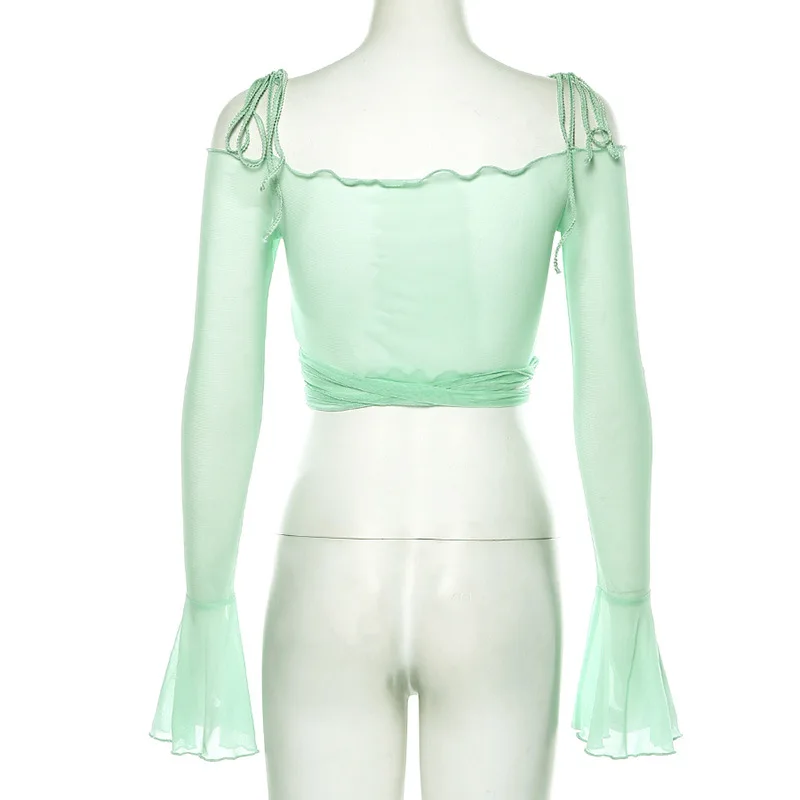ArtSu Toamna ochiurilor de Plasă de Sus de pe Umăr Topuri pentru Femei, cu Maneci Lungi Transparente Culturilor Tricou Verde T-shirt Femme ASTS21160