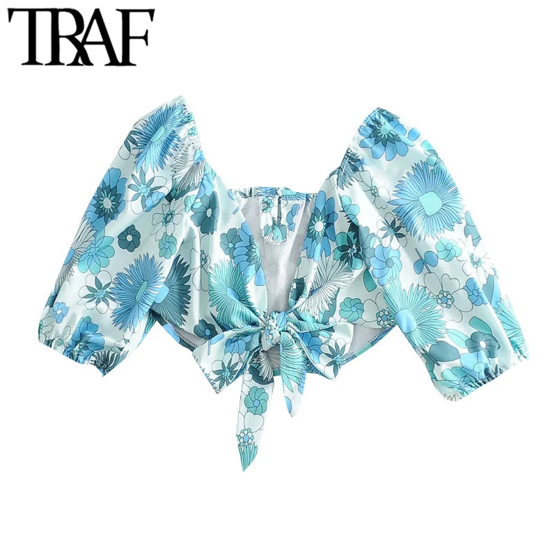 TRAF de Moda pentru Femei Florale Imprimare Trunchiate Bluze Vintage Backless Arc Legat Vară pe Plajă Feminin Tricouri Blusas Topuri Chic
