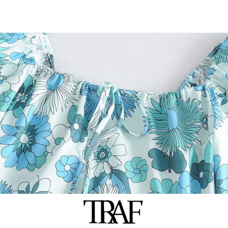 TRAF de Moda pentru Femei Florale Imprimare Trunchiate Bluze Vintage Backless Arc Legat Vară pe Plajă Feminin Tricouri Blusas Topuri Chic